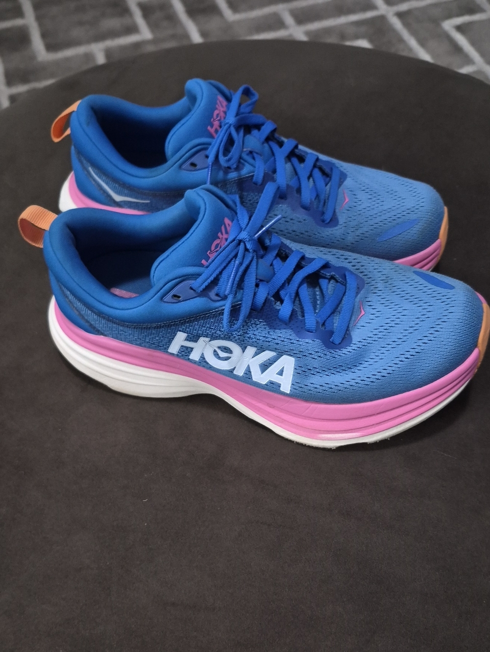 Hoka Women's Blue with Pink & Orange Trim Athletic Running Shoes